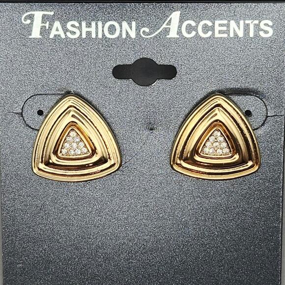 Fashion Accents Geometric Triangle Stud Earrings – Goldtone with Crystals - Picture 2 of 2